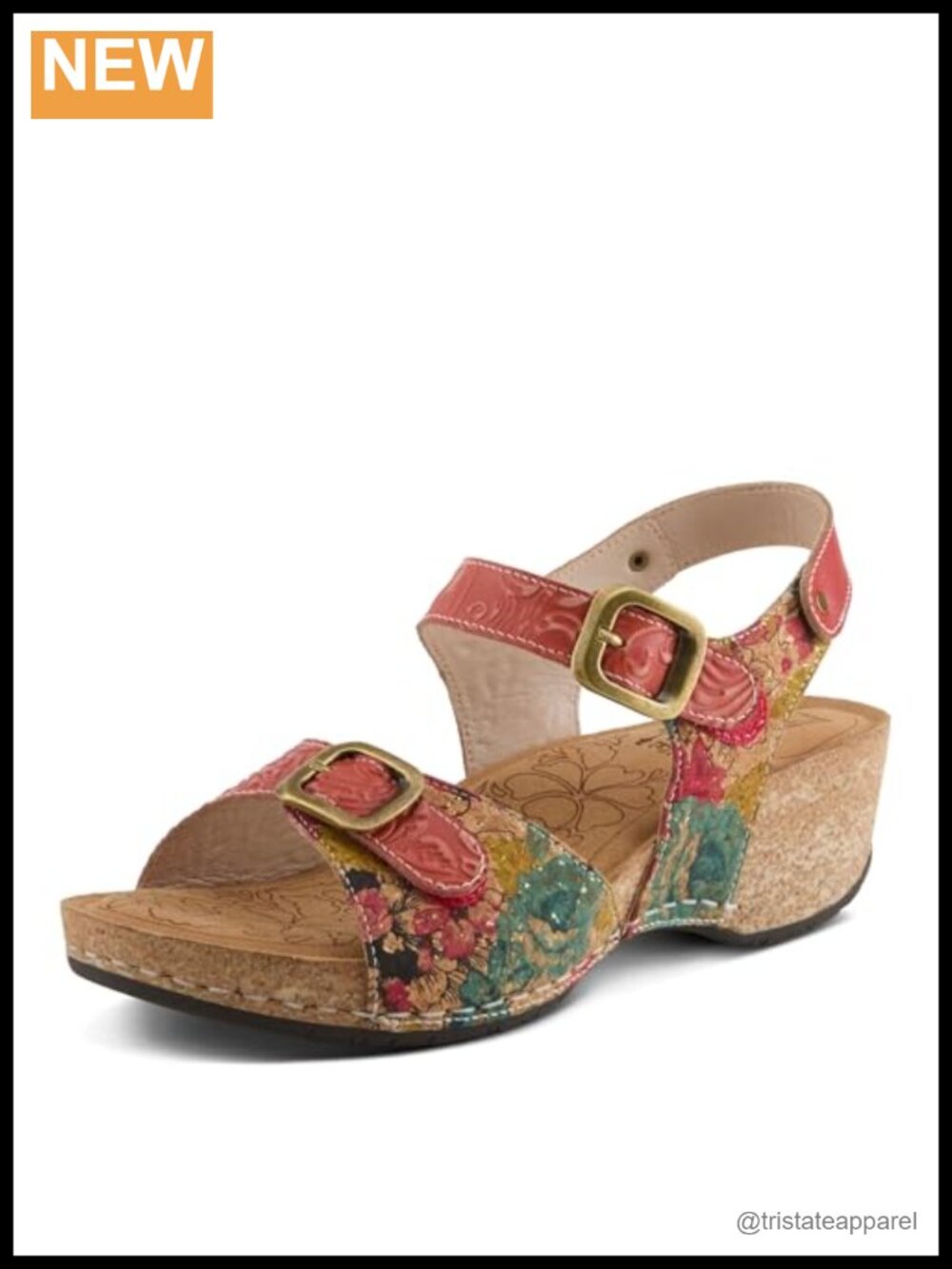 Artisan floral leather platform wedge sandals with adjustable straps